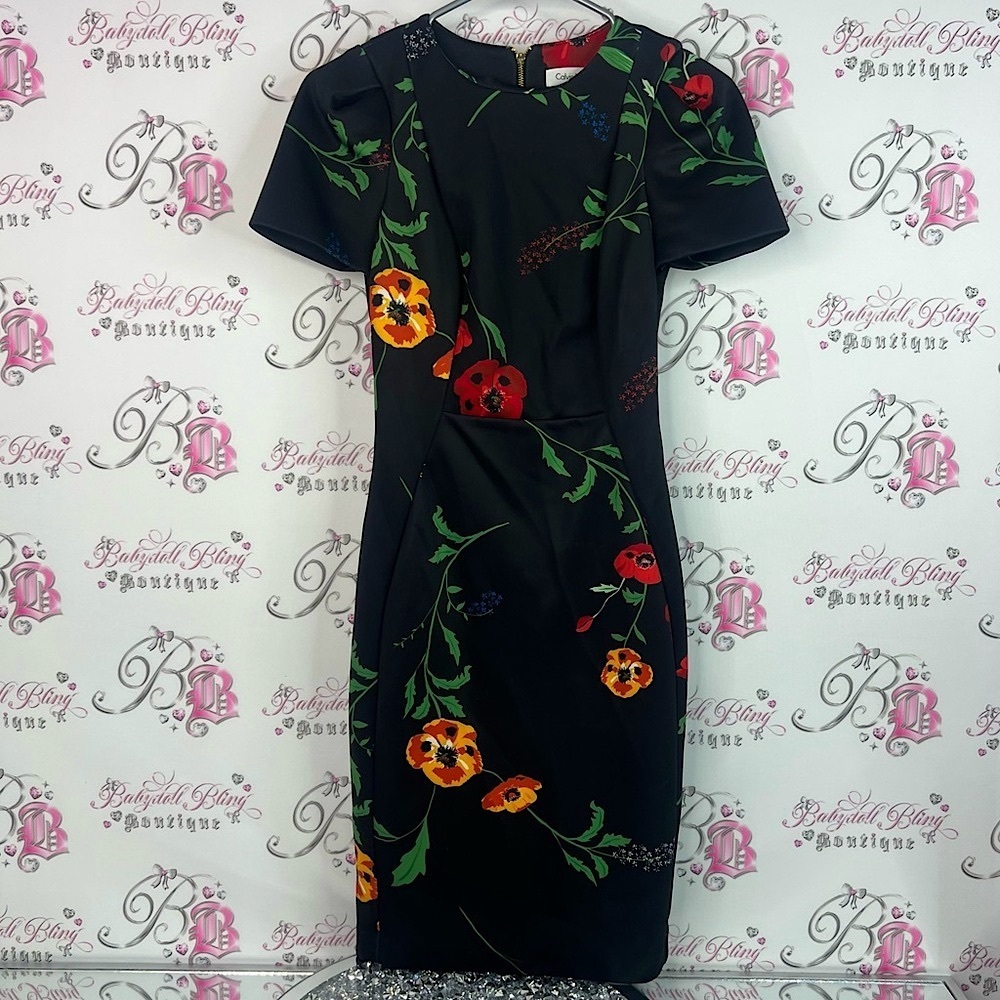 Calvin Klein dress long flowers luxury Black Dress with Floral Accents